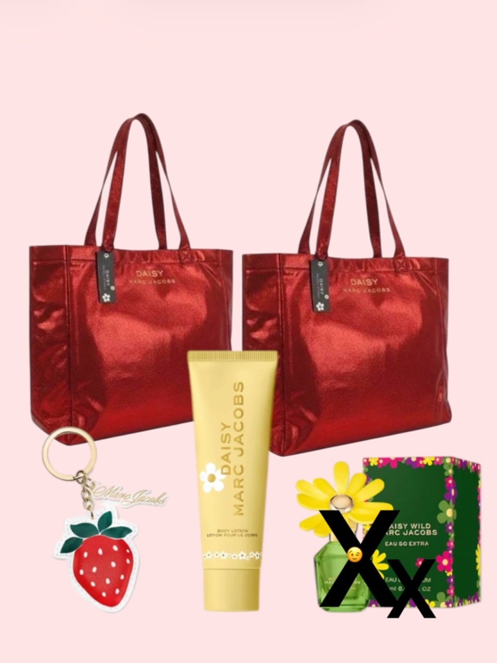 Marc Jacobs Daisy Red Metallic Beauty Tote Bag (2), Lotion, Bag charm & gift
